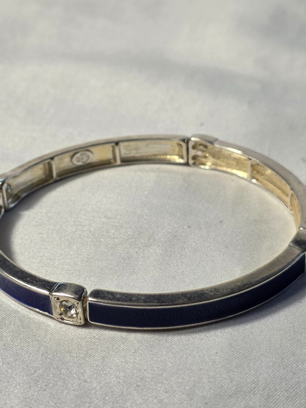 Premier Designs Silver Tone Cobalt Blue Enamel Stretch Bracelet Rhinestones